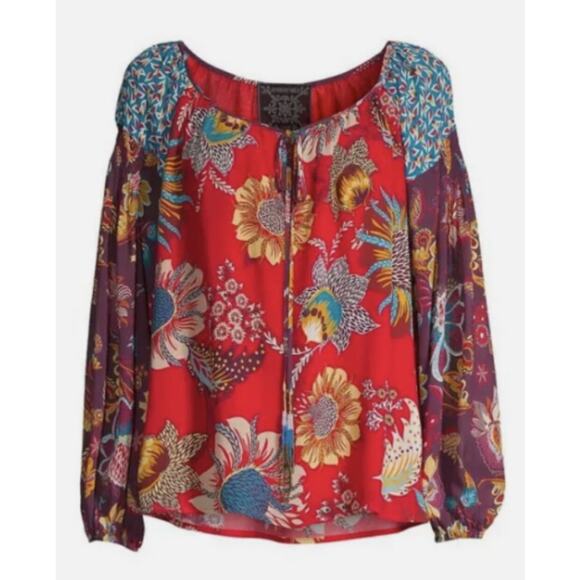 JOHNNY WAS Floral Tasha Peasant Top Viscose Blouse Beaded Tassels X-Large $265 - Picture 1 of 10